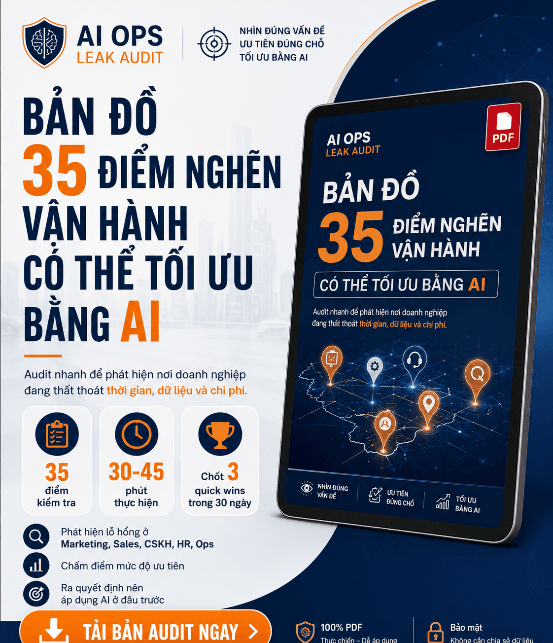 Bìa PDF workbook AI Ops Leak Audit — Bản đồ 35 điểm nghẽn vận hành có thể tối ưu bằng AI